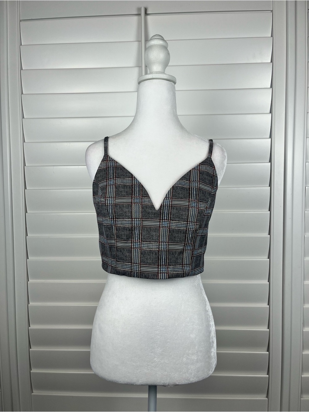 Privy Plaid Cropped Bustier Top Women’s Medium Gray Strappy Back Y2K